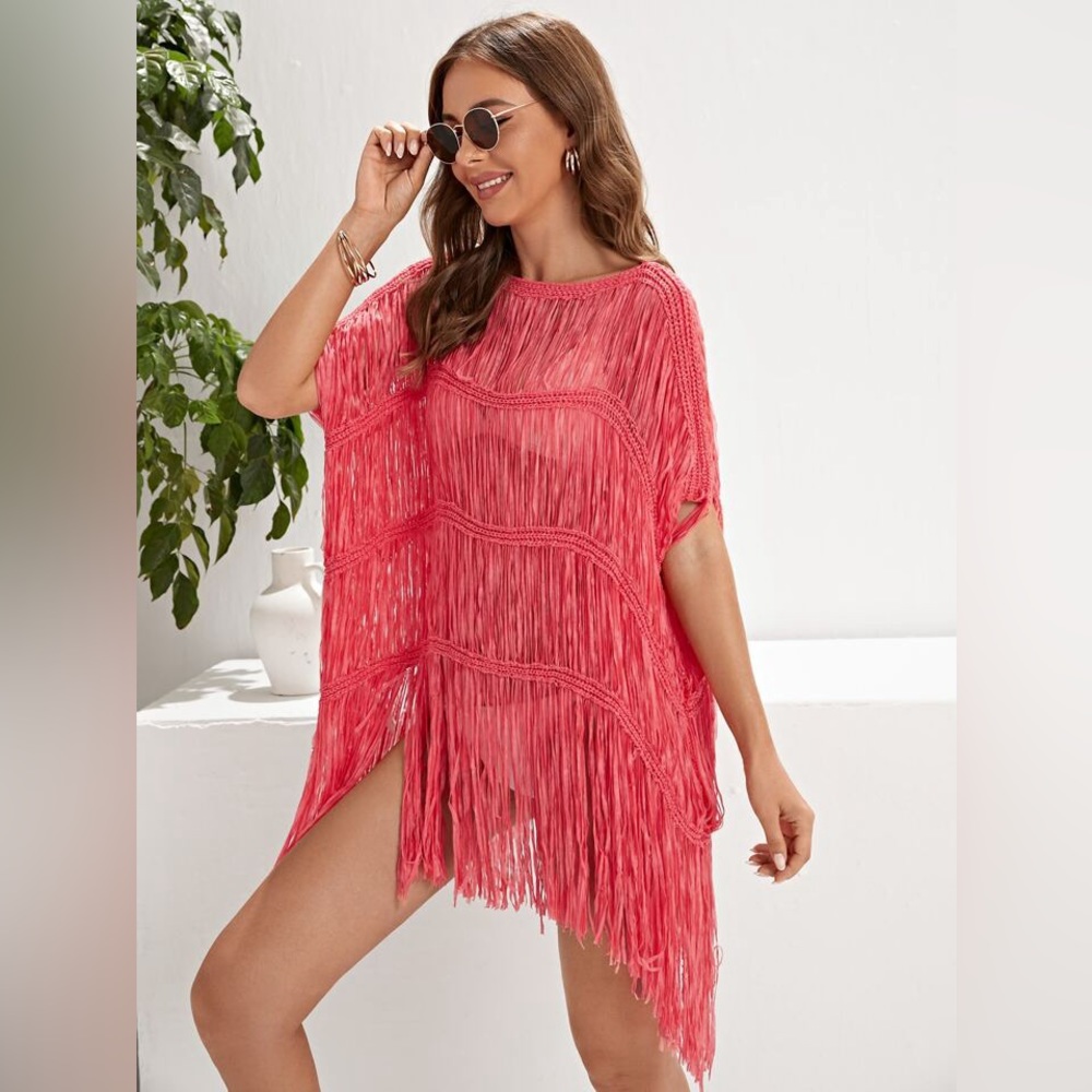 NWT Fringe Crochet Salmon Pink Swim Beach Kimono - Picture 5 of 9